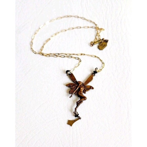 Vintage Pididdly Links Fairy Black Crystal Antiqued Brass Tone Pendant Necklace - Picture 1 of 5